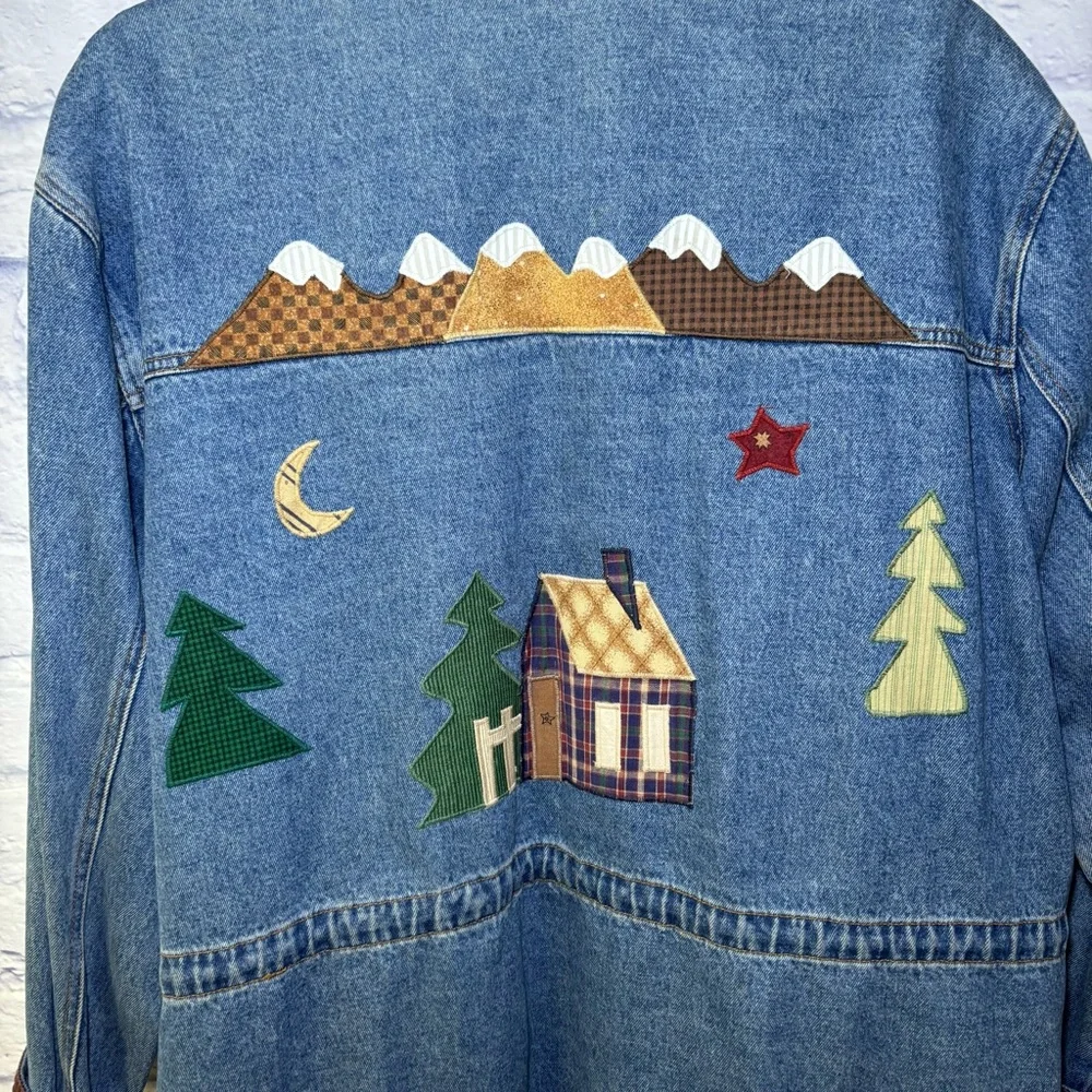 Baccini Womens Denim Jacket 2XL Embroidered Birdhouses Vintage Barn Jacket Moon - Picture 11 of 15